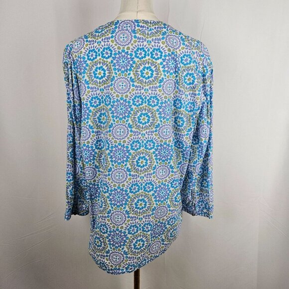Fresh Produce XL Tunic Top Mosaic Shells Corine Blue Green Cotton Tie Neck - Picture 3 of 12